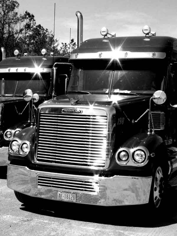 A black and white photo of two Ronald Gross Inc. flatbed trucks.
